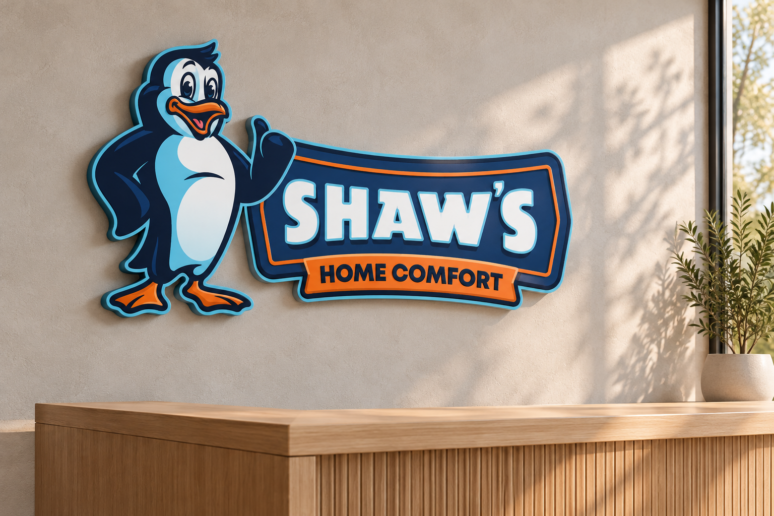 AI-generated brand concept for Shaw’s Home Comfort: dimensional reception sign.