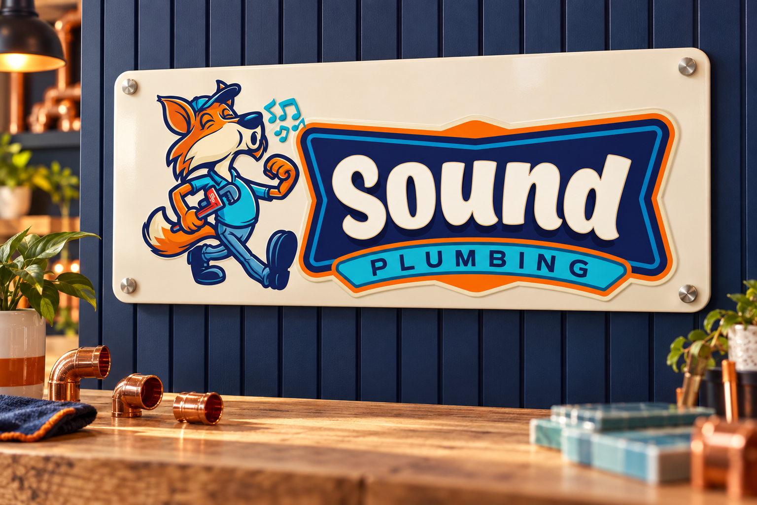 AI-generated brand concept for Sound Plumbing: workshop wall sign.