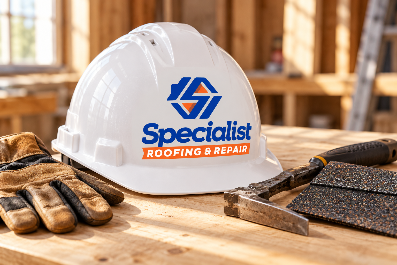 AI-generated brand concept for Specialist Roofing and Repair: hardhat workbench.