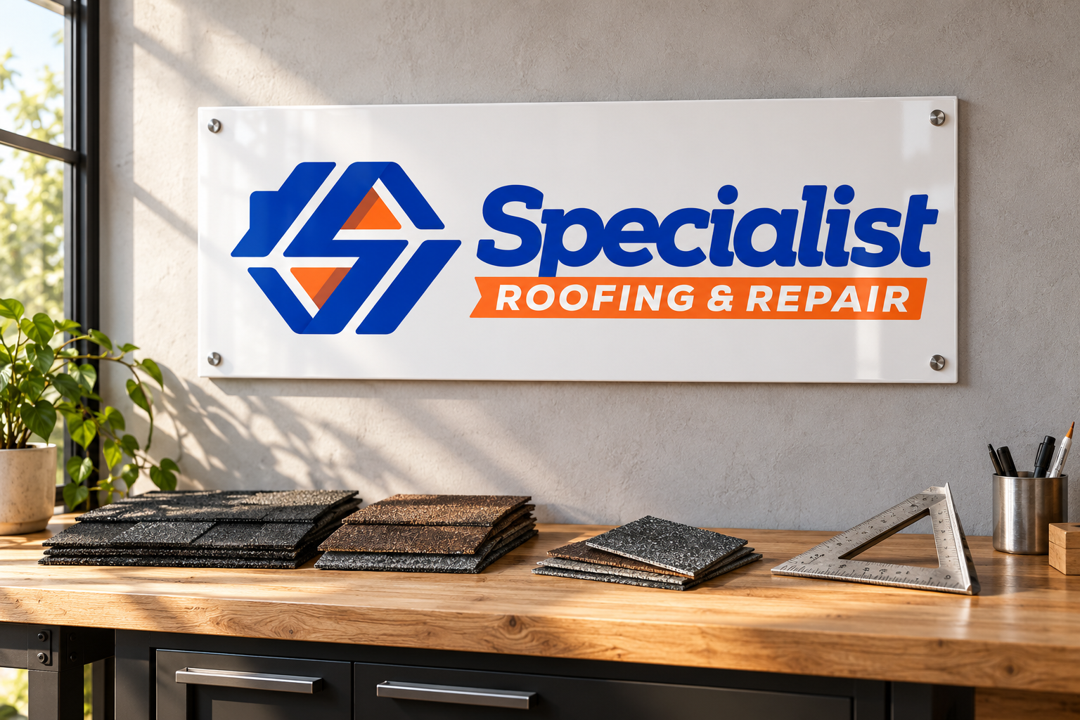 AI-generated brand concept for Specialist Roofing and Repair: workshop wall sign.