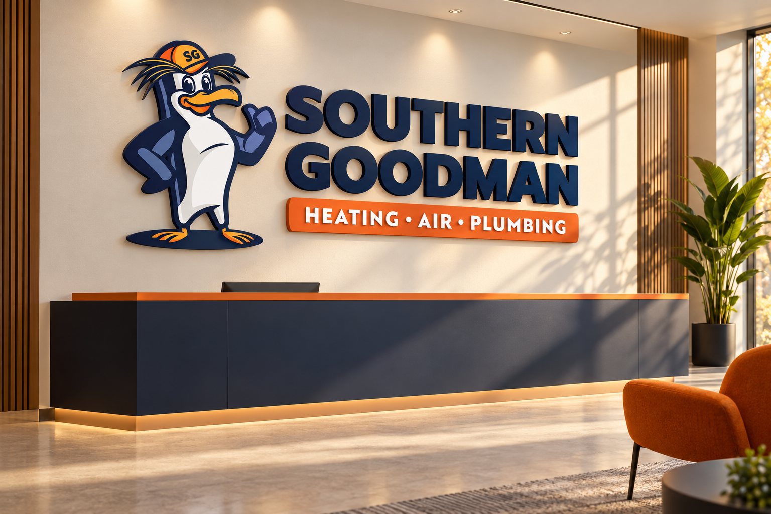 AI-generated brand concept for Southern Goodman: dimensional signage.