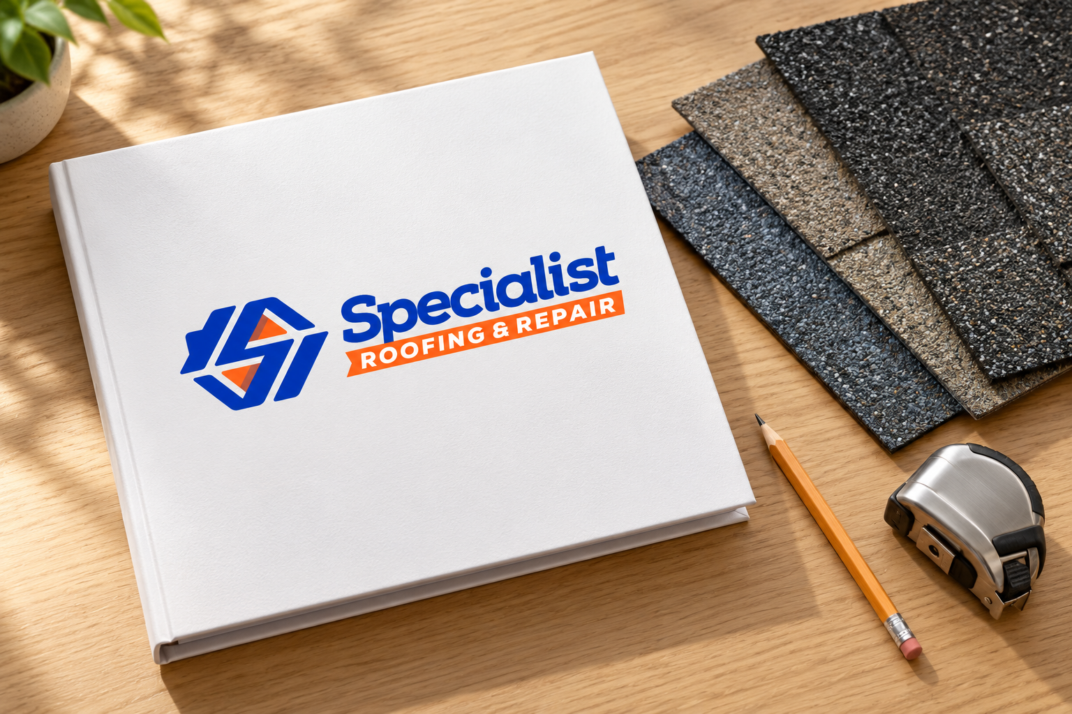 AI-generated brand concept for Specialist Roofing and Repair: roof sample presentation folder.