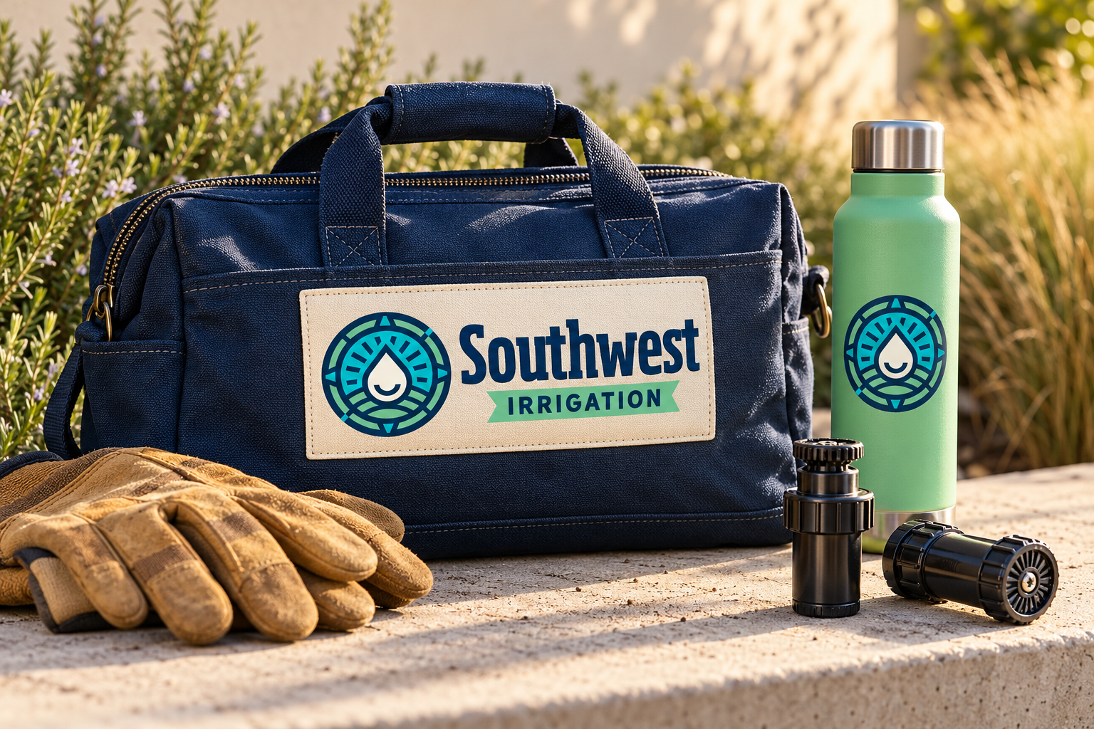 AI-generated brand concept for Southwest Irrigation: field gear still life.