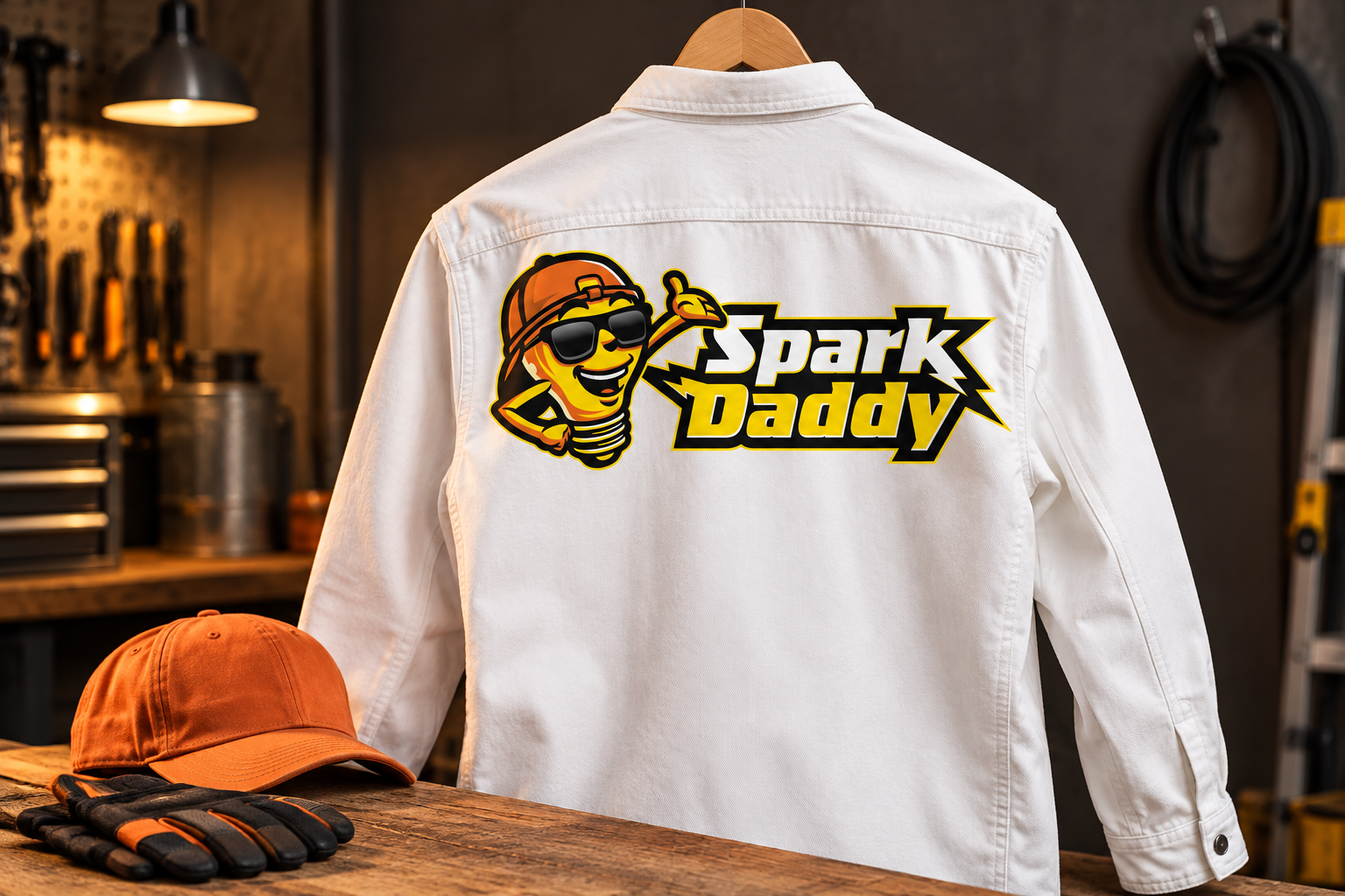 AI-generated brand concept for Spark Daddy: electrician workwear.