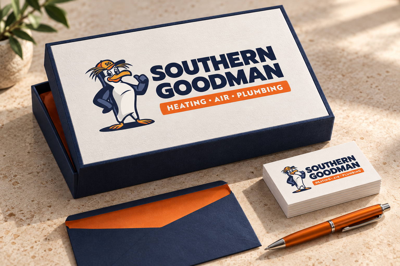 AI-generated brand concept for Southern Goodman: presentation kit.