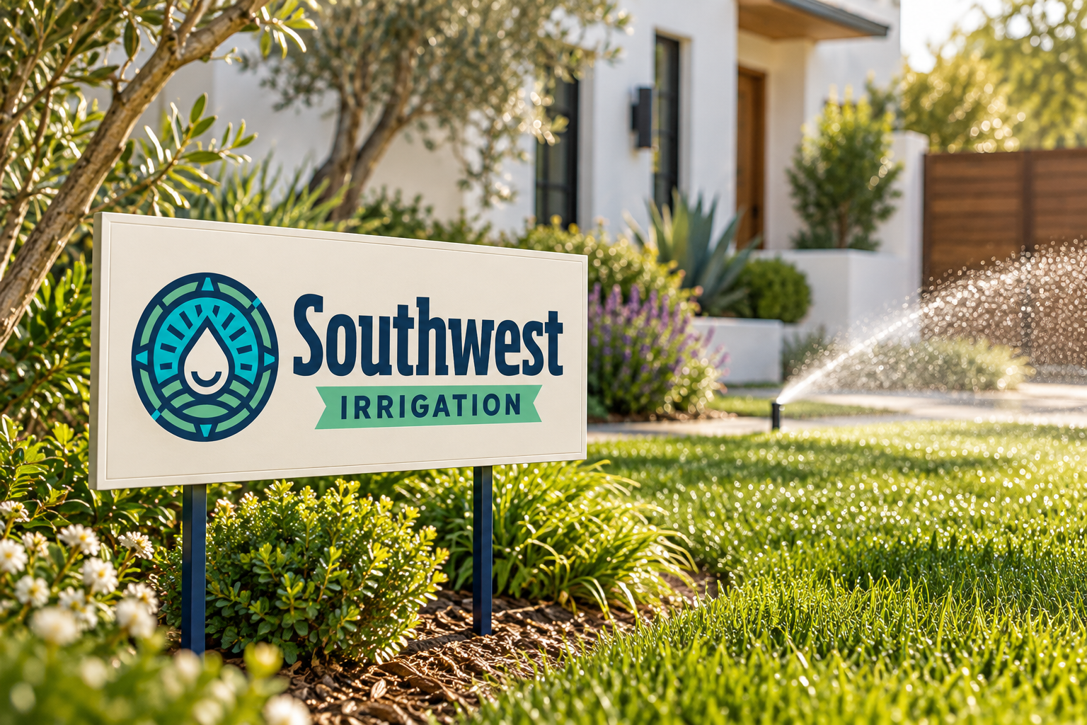 AI-generated brand concept for Southwest Irrigation: landscape yard sign.