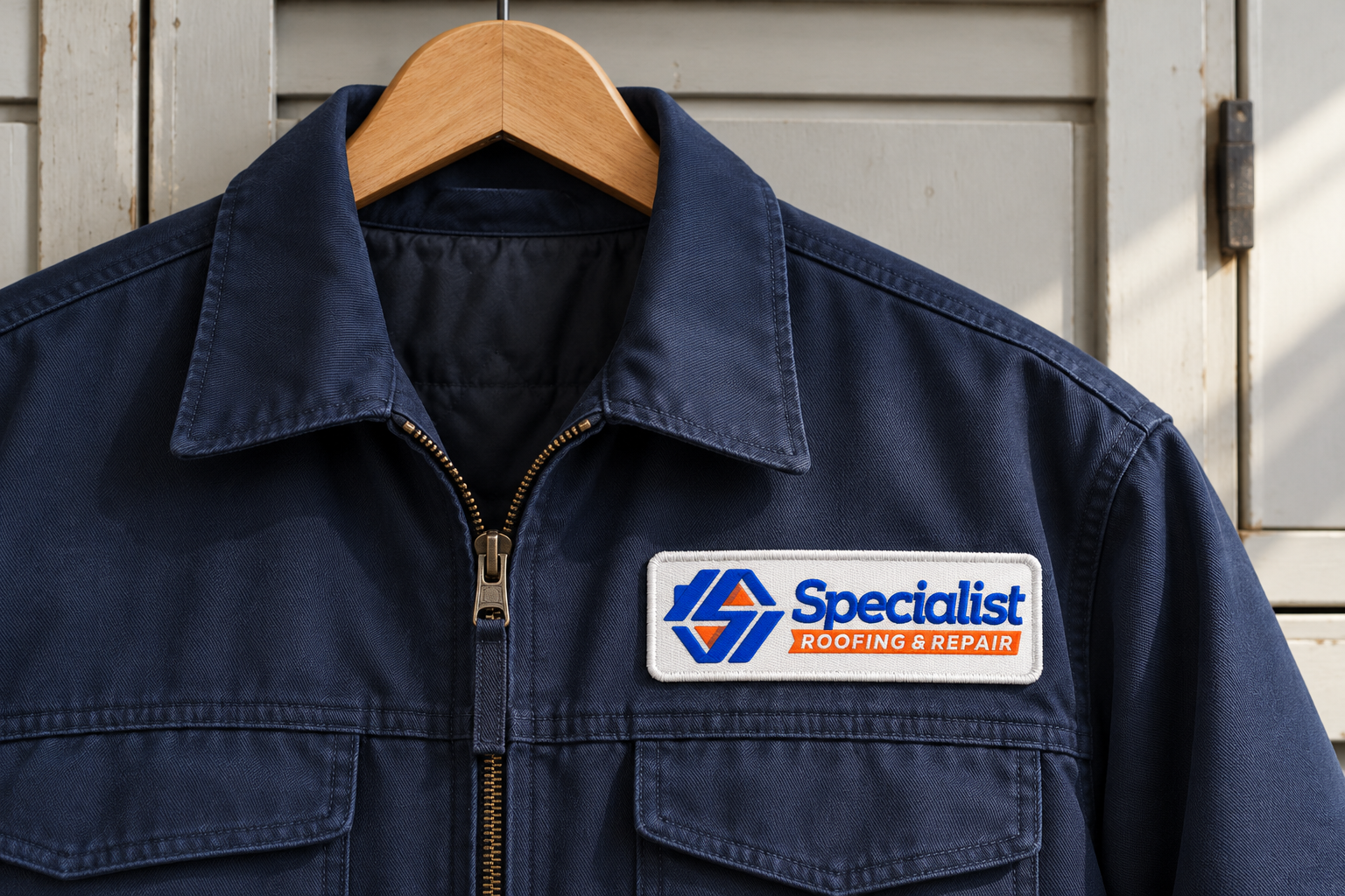 AI-generated brand concept for Specialist Roofing and Repair: embroidered work jacket.