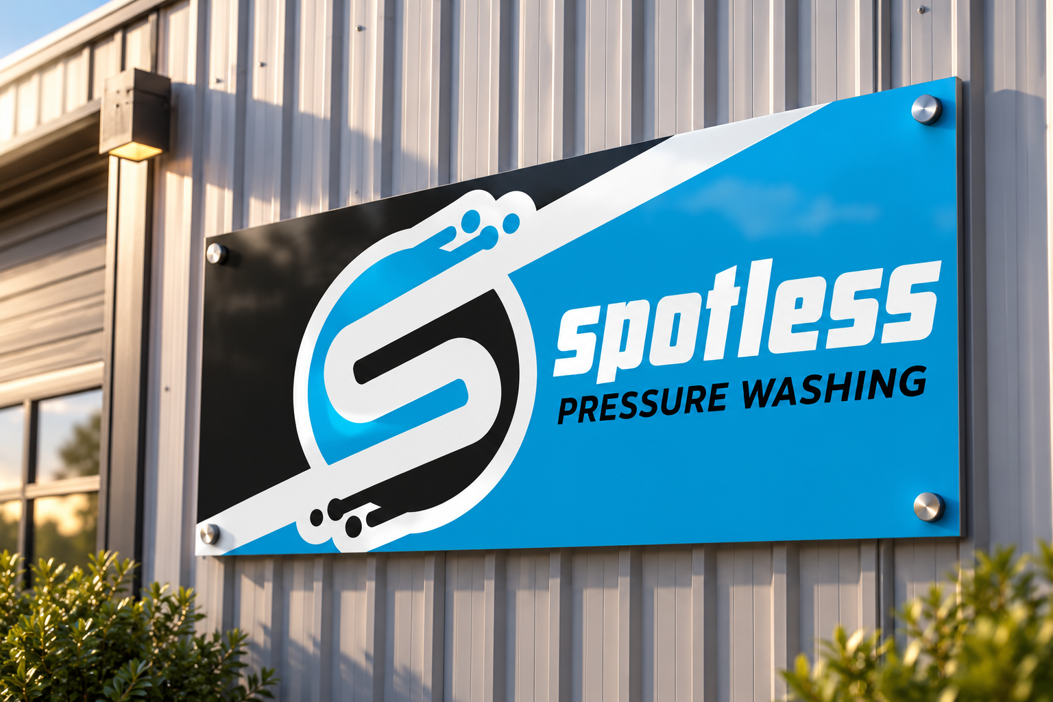 AI-generated brand concept for Spotless Pressure Washing: building sign.