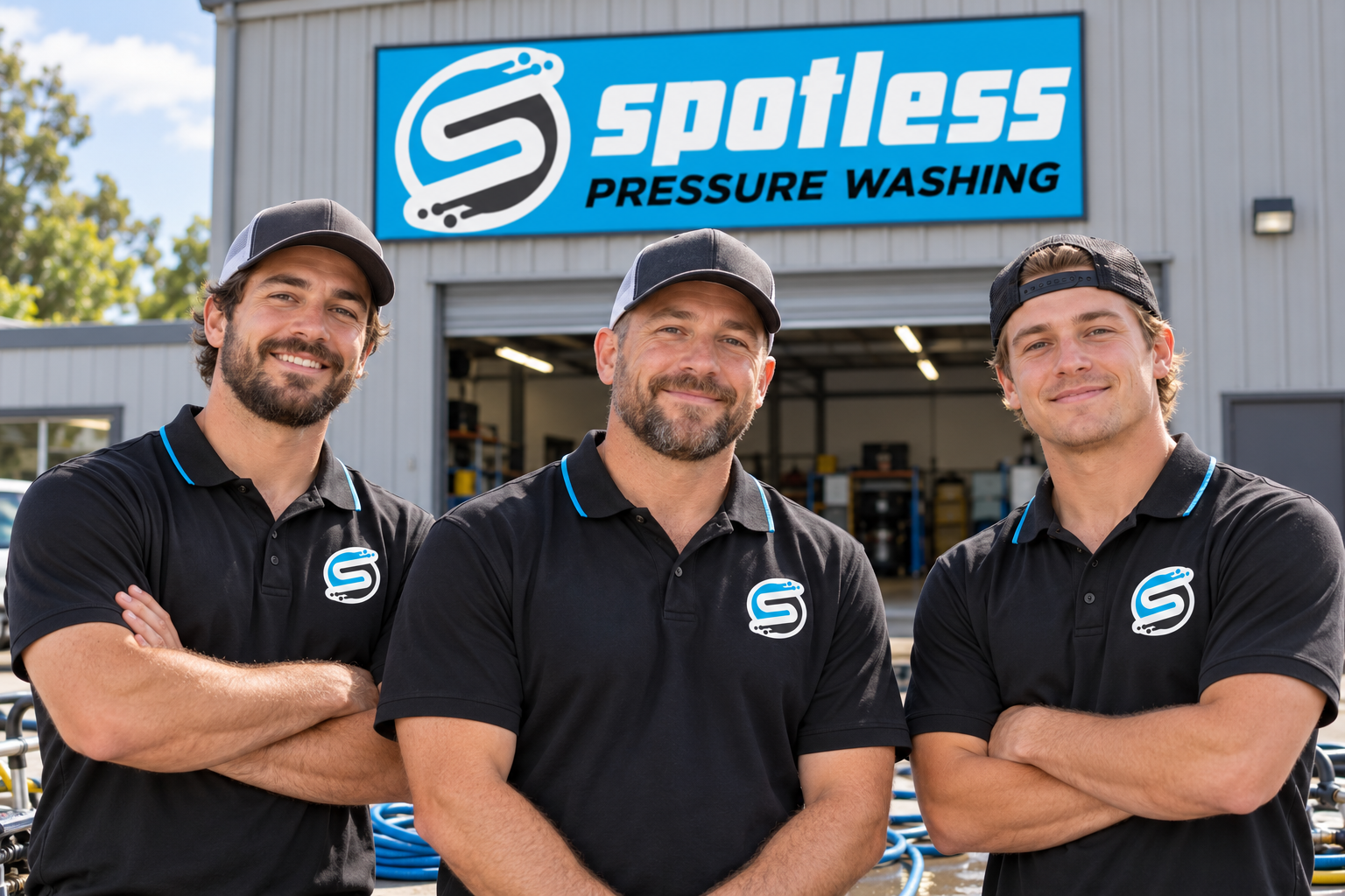 AI-generated brand concept for Spotless Pressure Washing: team portrait.
