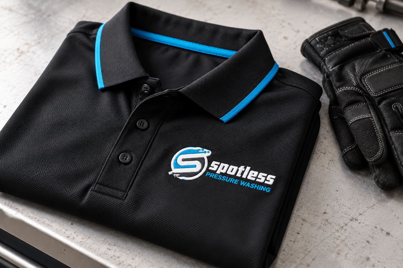 AI-generated brand concept for Spotless Pressure Washing: uniform closeup.