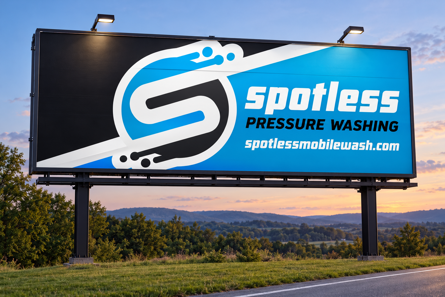 AI-generated brand concept for Spotless Pressure Washing: billboard.