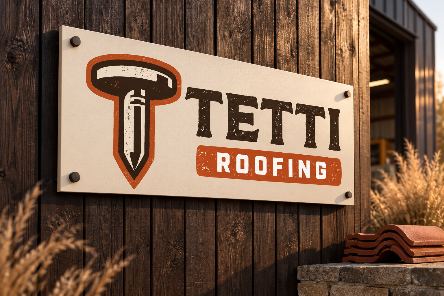 AI-generated brand concept for Tetti Roofing: forged entry sign.