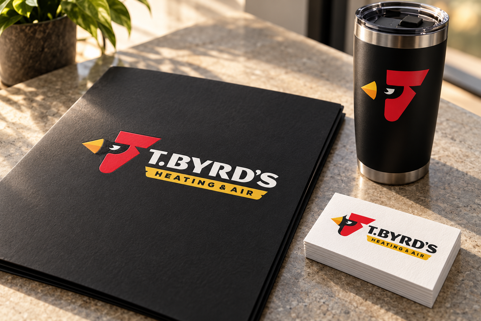 AI-generated brand concept for T. Byrd’s Heating & Air: premium service collateral.