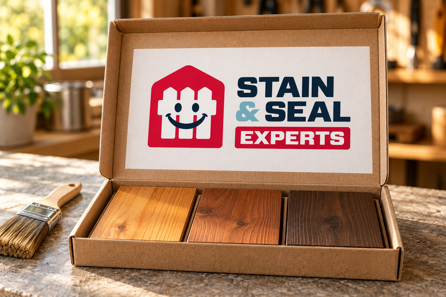 AI-generated brand concept for Stain and Seal Experts: sample kit.