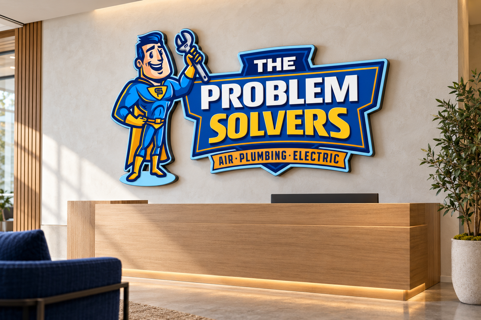 AI-generated brand concept for The Problem Solvers: dimensional lobby sign.