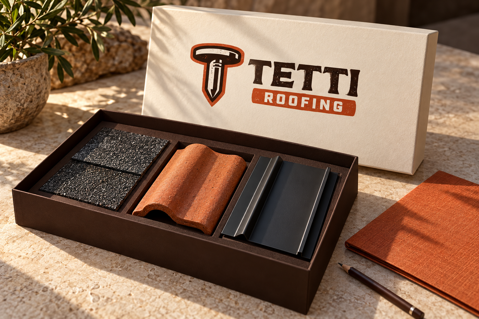 AI-generated brand concept for Tetti Roofing: roofing sample kit.