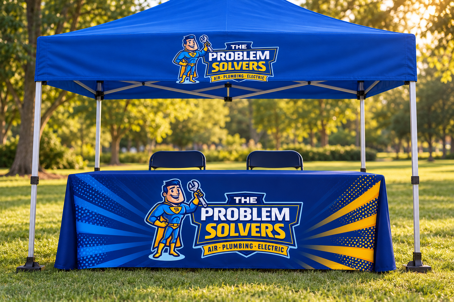 AI-generated brand concept for The Problem Solvers: community event canopy.