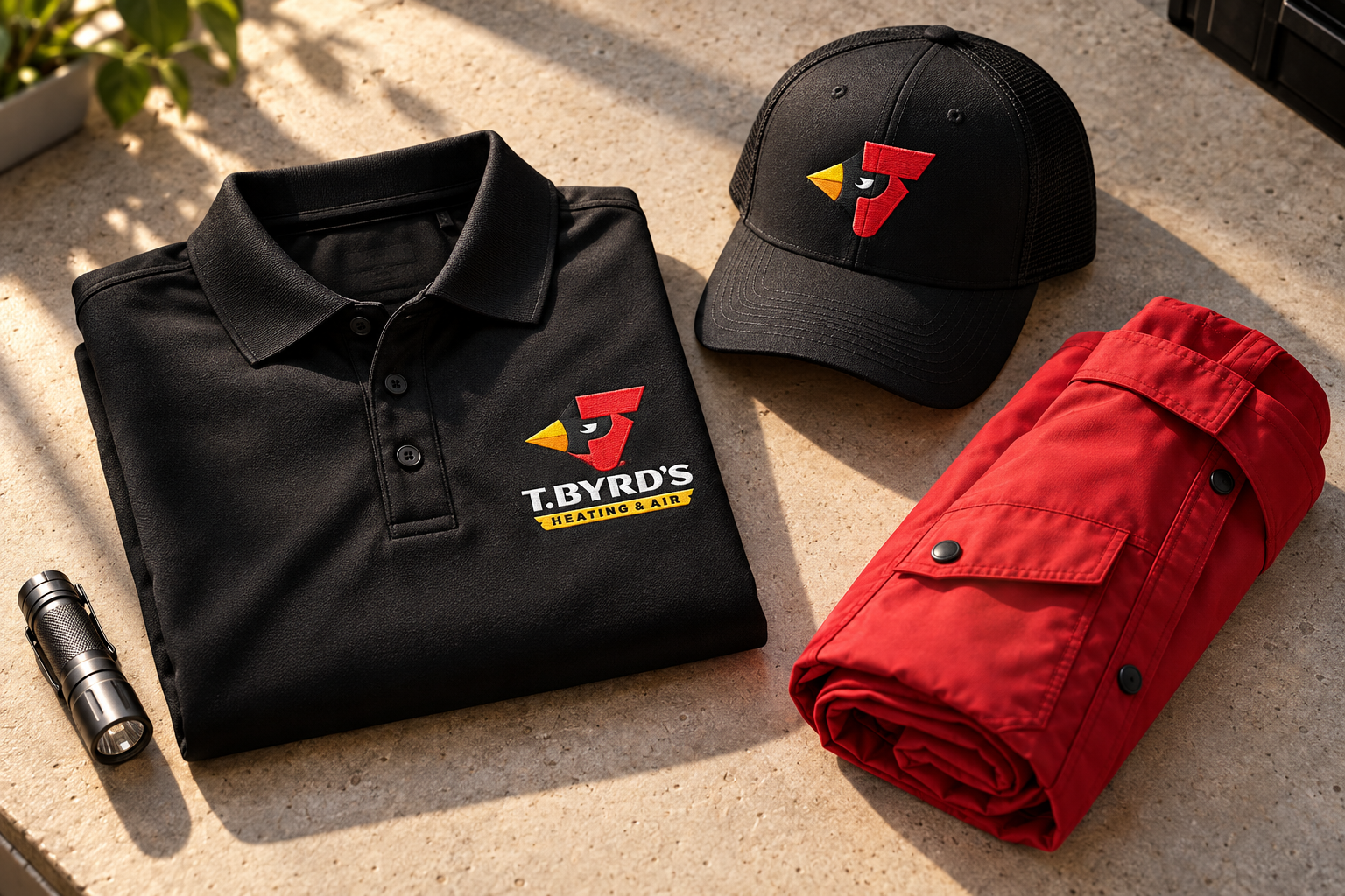 AI-generated brand concept for T. Byrd’s Heating & Air: premium workwear.