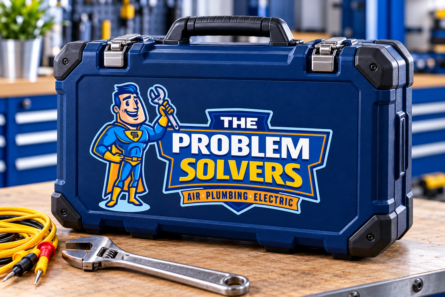 AI-generated brand concept for The Problem Solvers: equipment case decal.