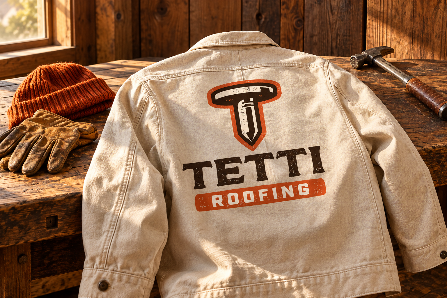 AI-generated brand concept for Tetti Roofing: canvas workwear.