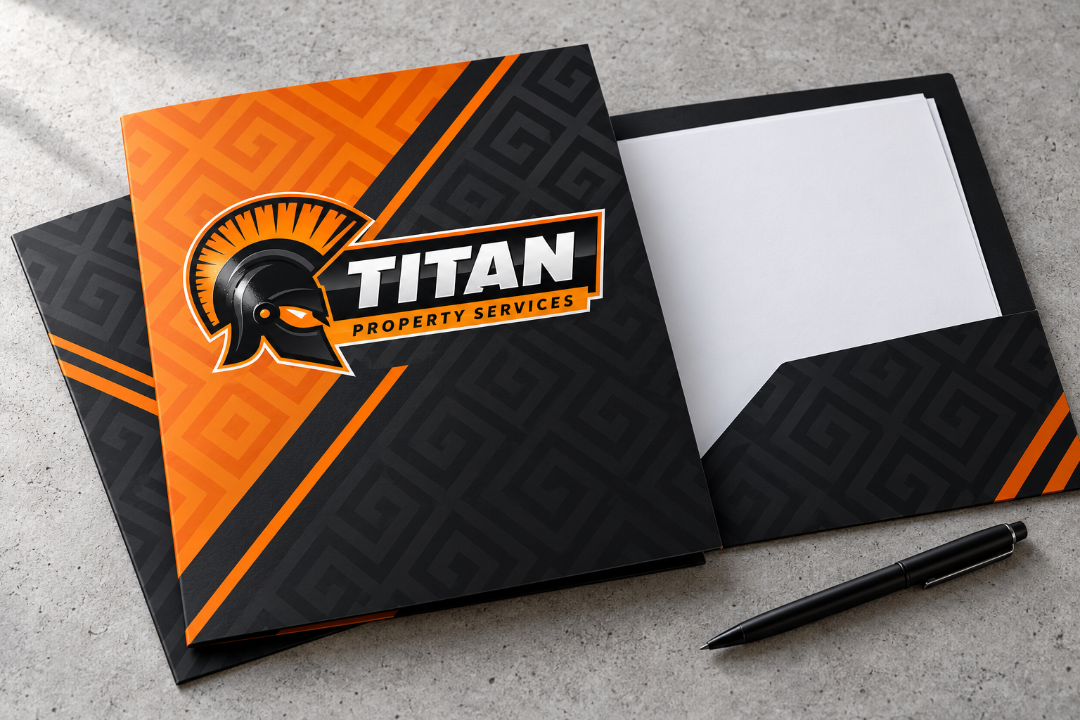 AI-generated brand concept for Titan Property Services: presentation folder.