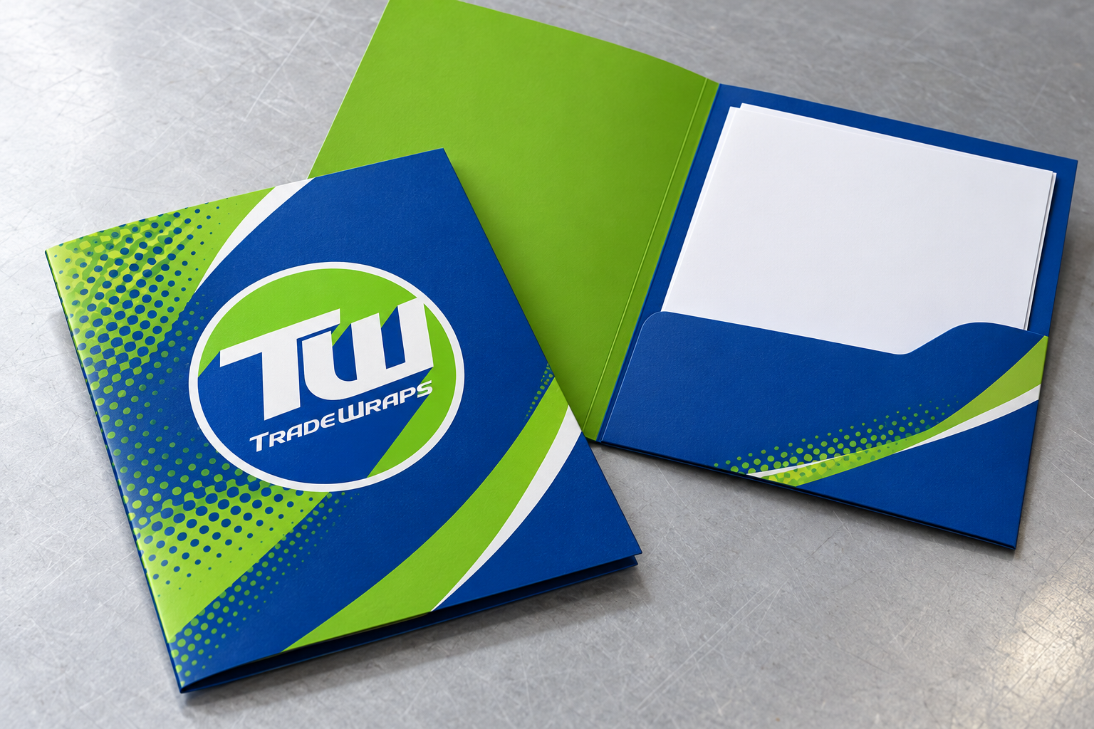 AI-generated brand concept for Trade Wraps: presentation folder.