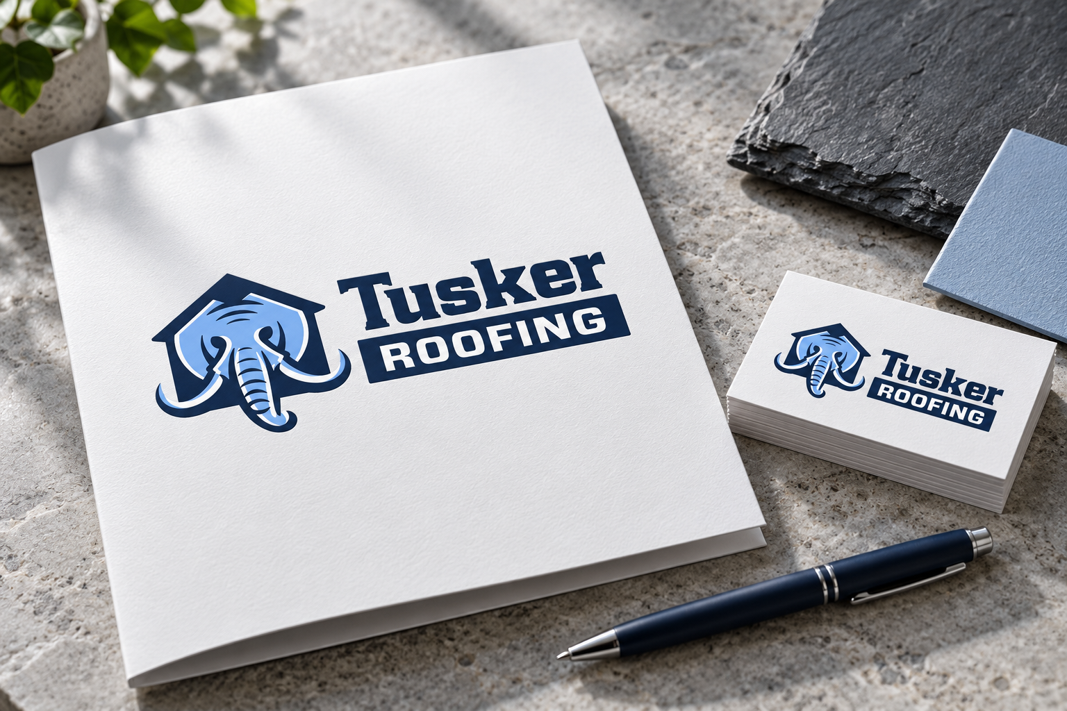 AI-generated brand concept for Tusker Roofing: premium presentation kit.