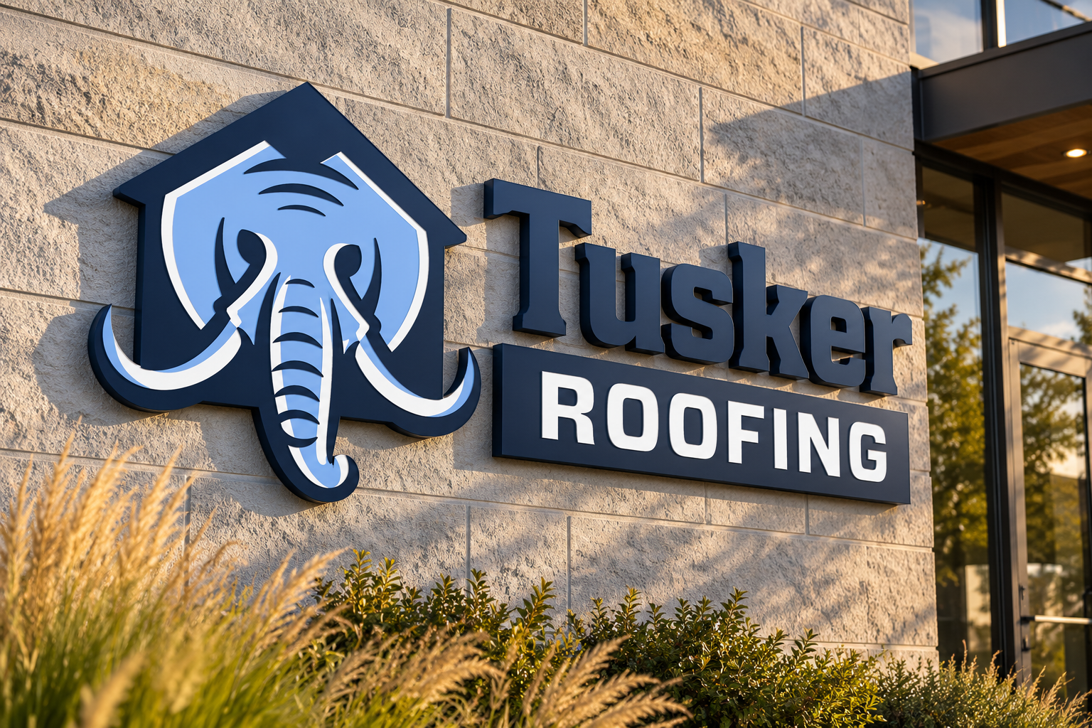 AI-generated brand concept for Tusker Roofing: dimensional office sign.