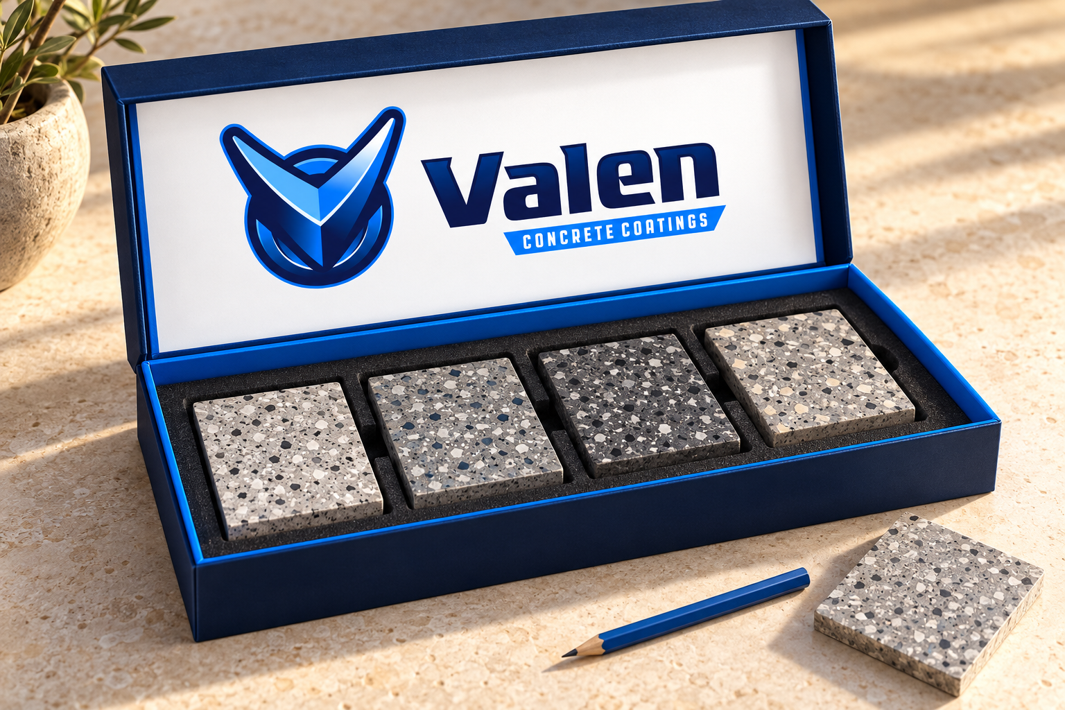 AI-generated brand concept for Valen Concrete Coatings: floor finish sample kit.