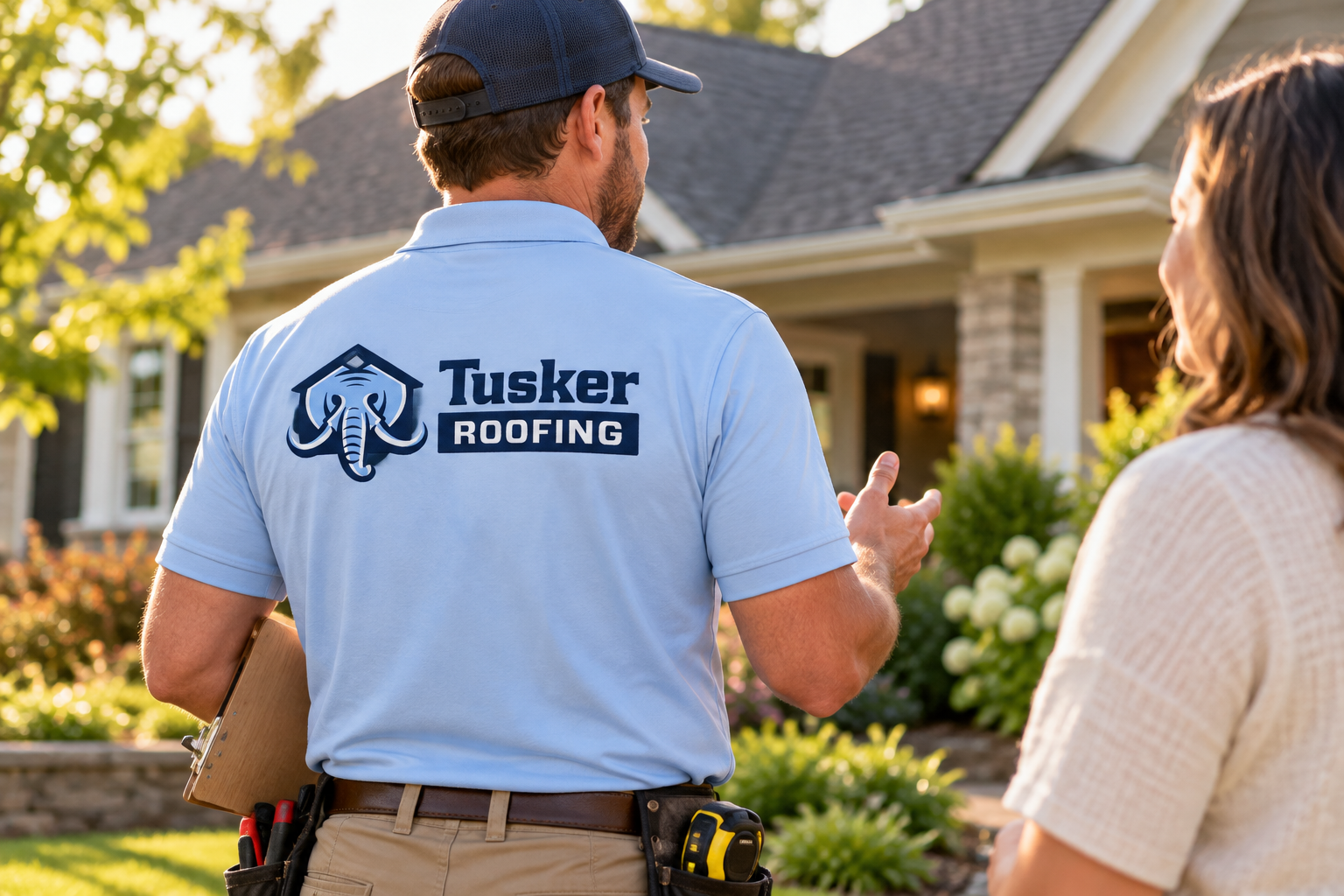 AI-generated brand concept for Tusker Roofing: homeowner consultation.