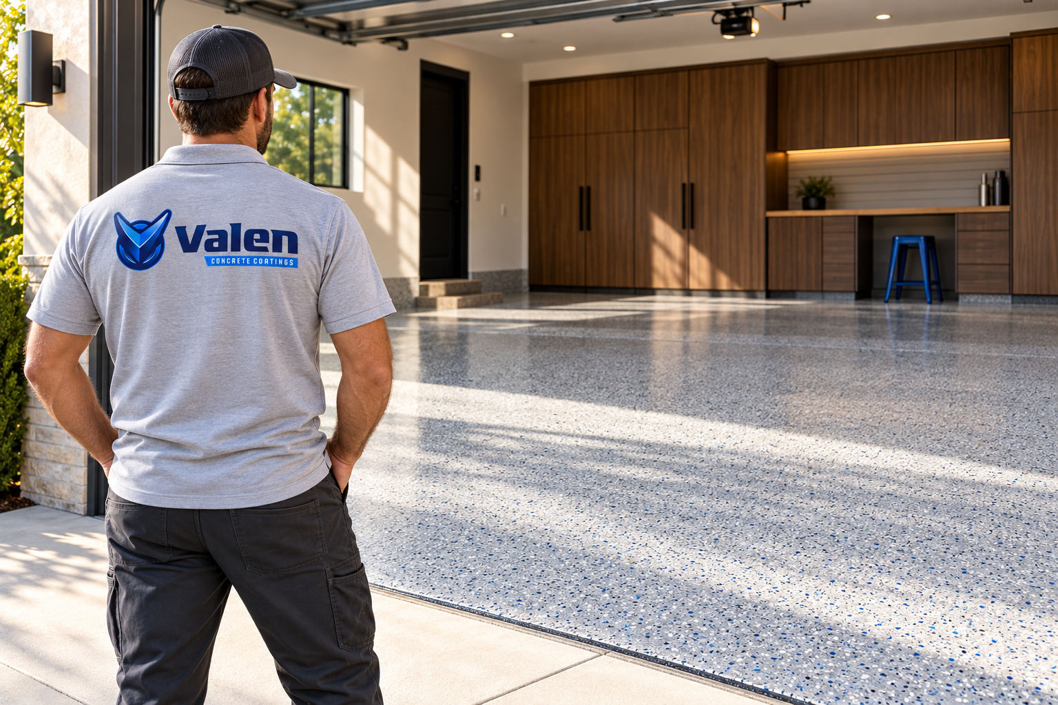 AI-generated brand concept for Valen Concrete Coatings: garage floor lifestyle.