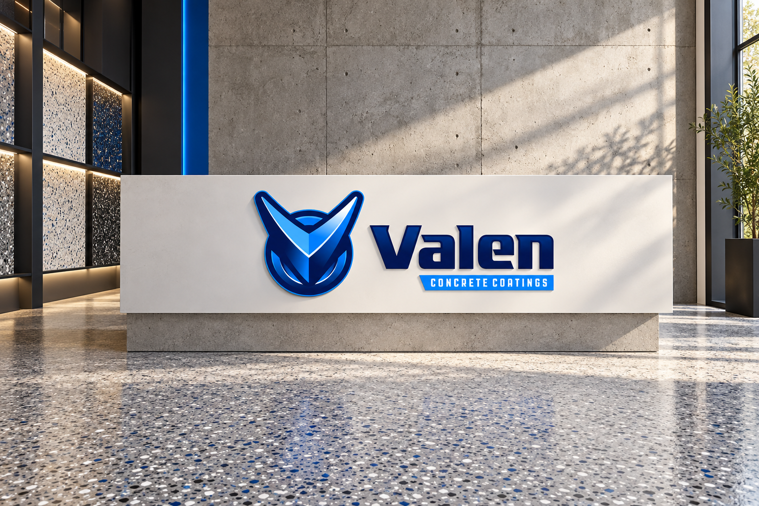 AI-generated brand concept for Valen Concrete Coatings: showroom dimensional sign.