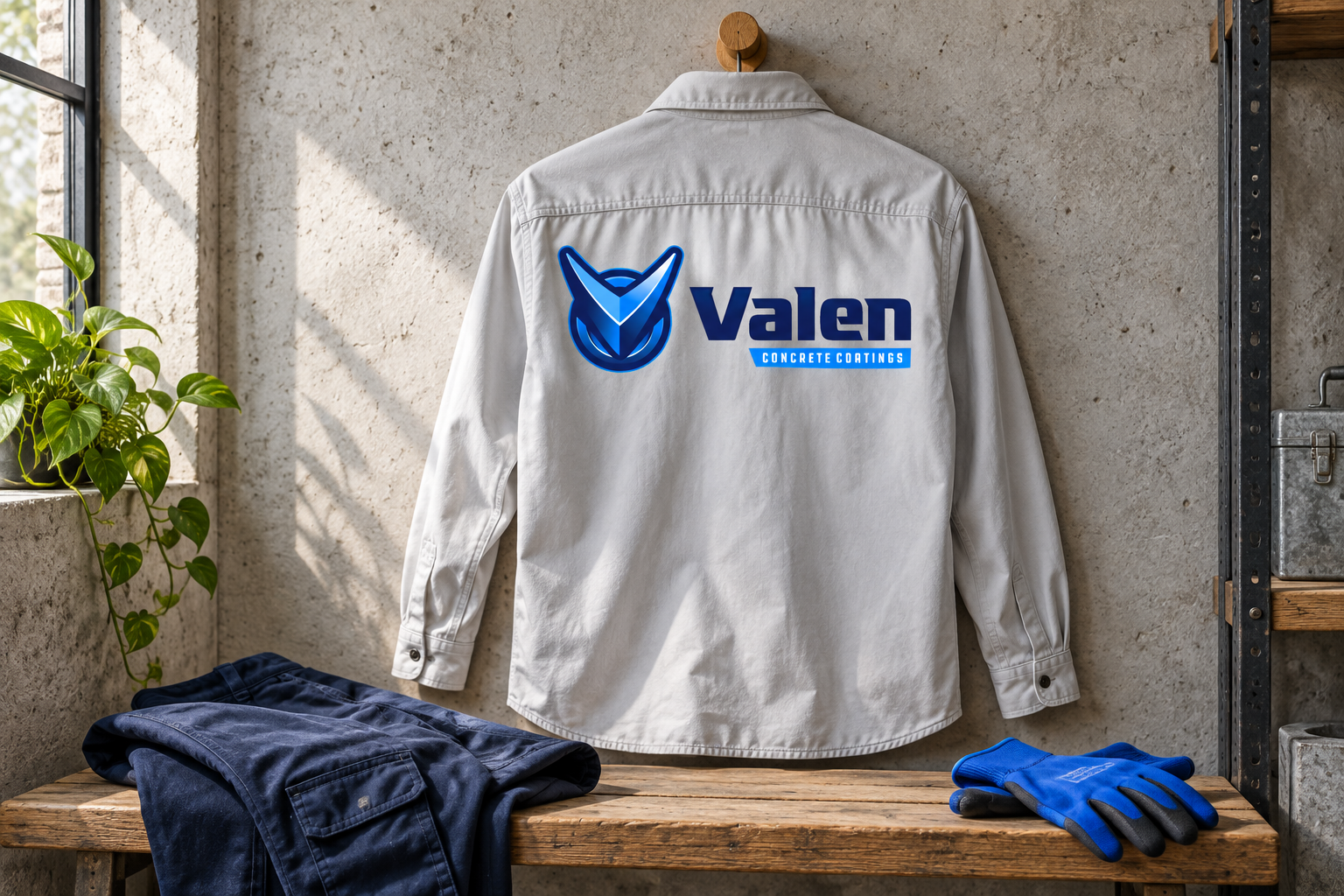 AI-generated brand concept for Valen Concrete Coatings: premium workwear.