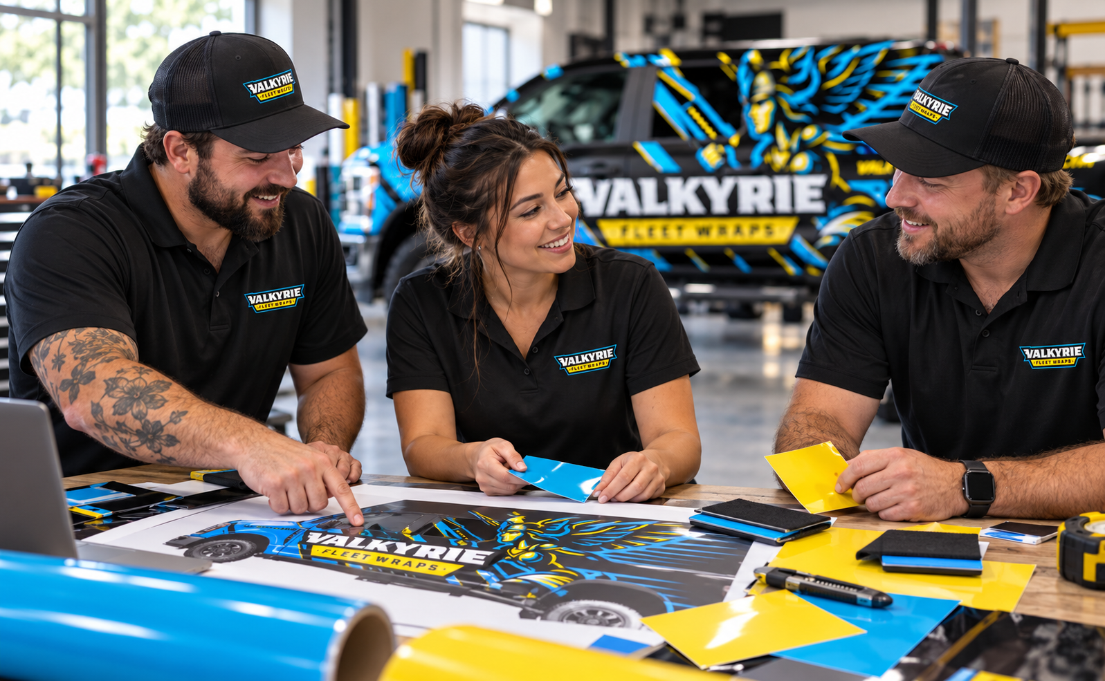 AI-generated brand concept for Valkyrie Fleet Wraps: team lifestyle.
