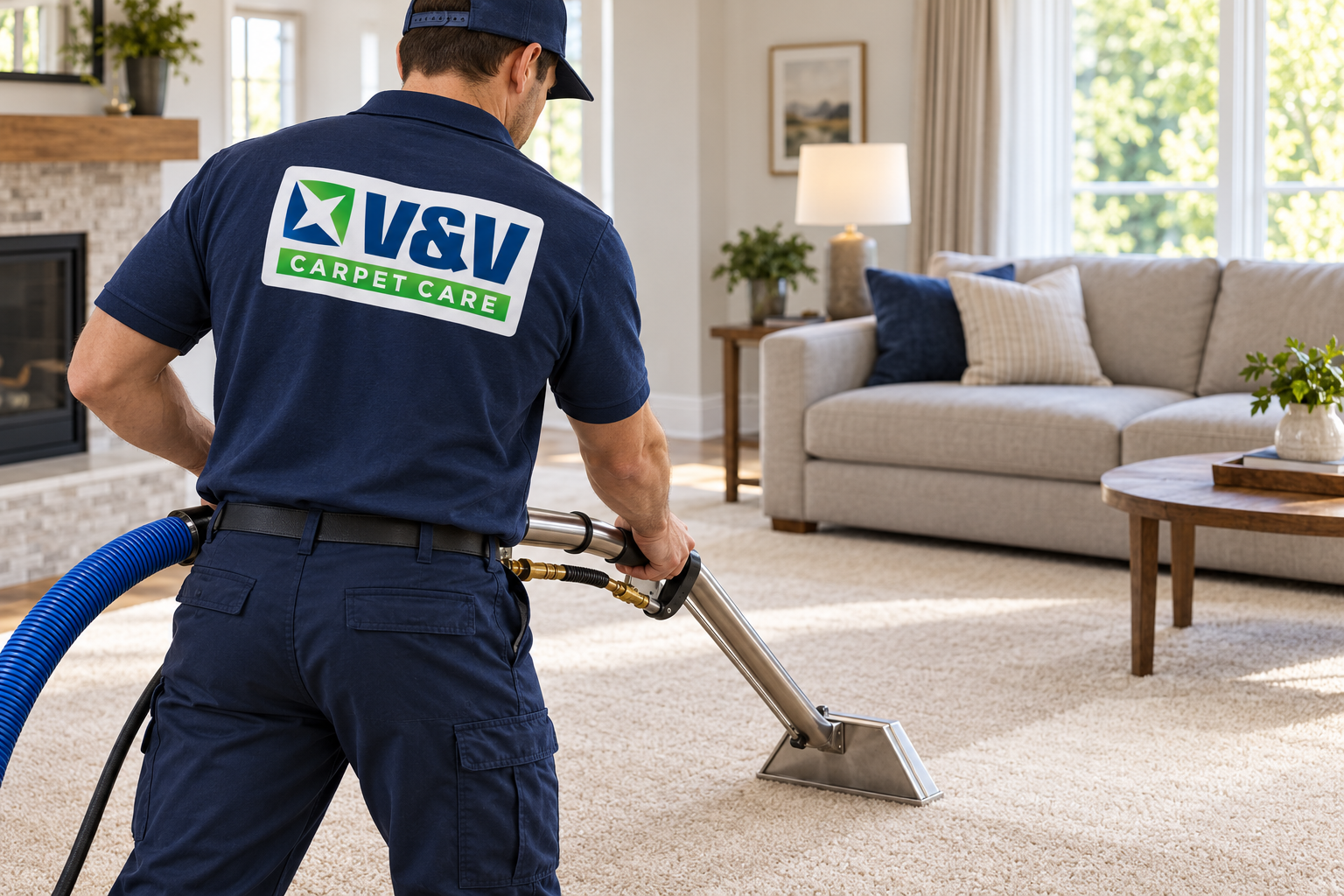 AI-generated brand concept for VandV Carpetcare: technician working.