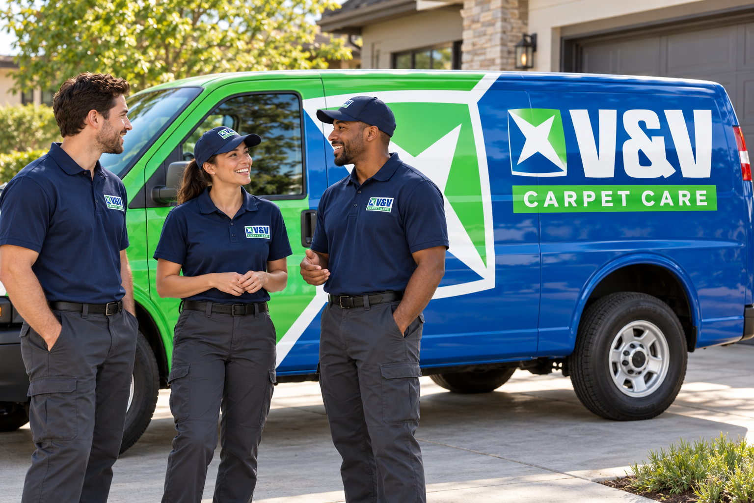AI-generated brand concept for VandV Carpetcare: team lifestyle.