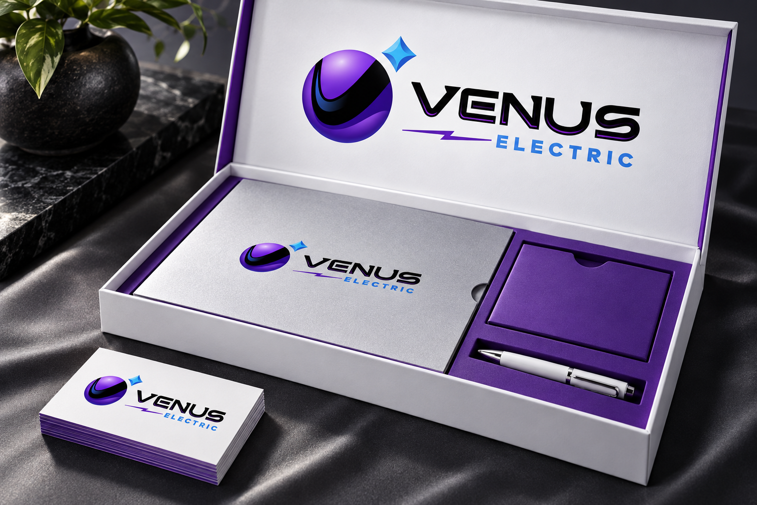 AI-generated brand concept for Venus Electric: client welcome package.