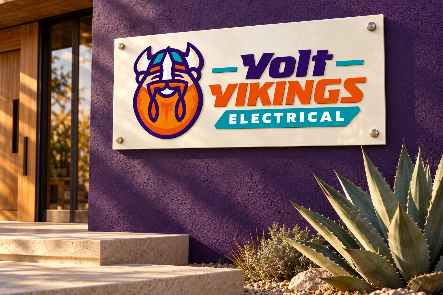 AI-generated brand concept for Volt Vikings Electrical: dimensional office sign.
