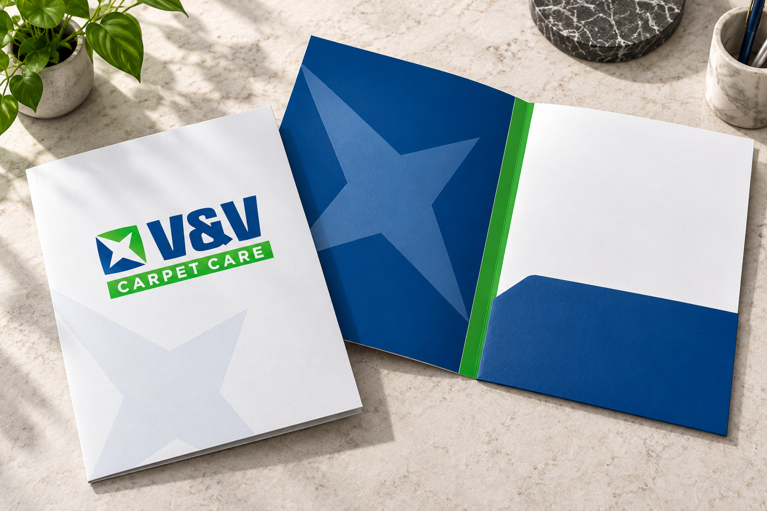 AI-generated brand concept for VandV Carpetcare: presentation folder.