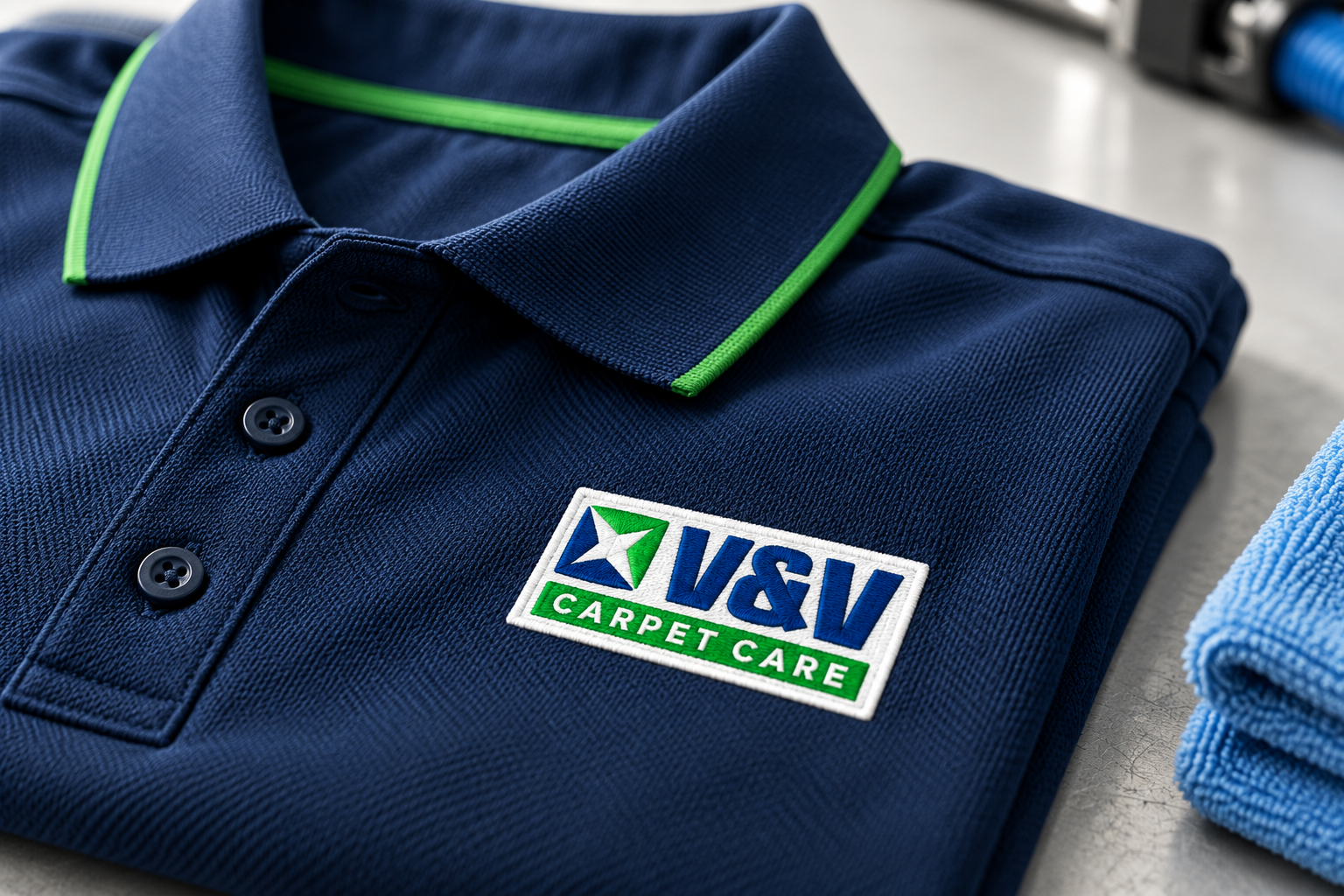 AI-generated brand concept for VandV Carpetcare: uniform closeup.