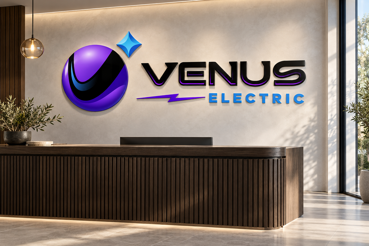 AI-generated brand concept for Venus Electric: dimensional showroom signage.