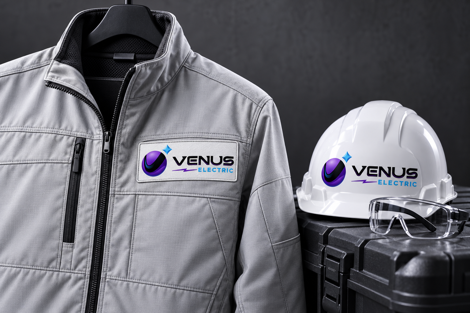 AI-generated brand concept for Venus Electric: technical workwear and helmet.