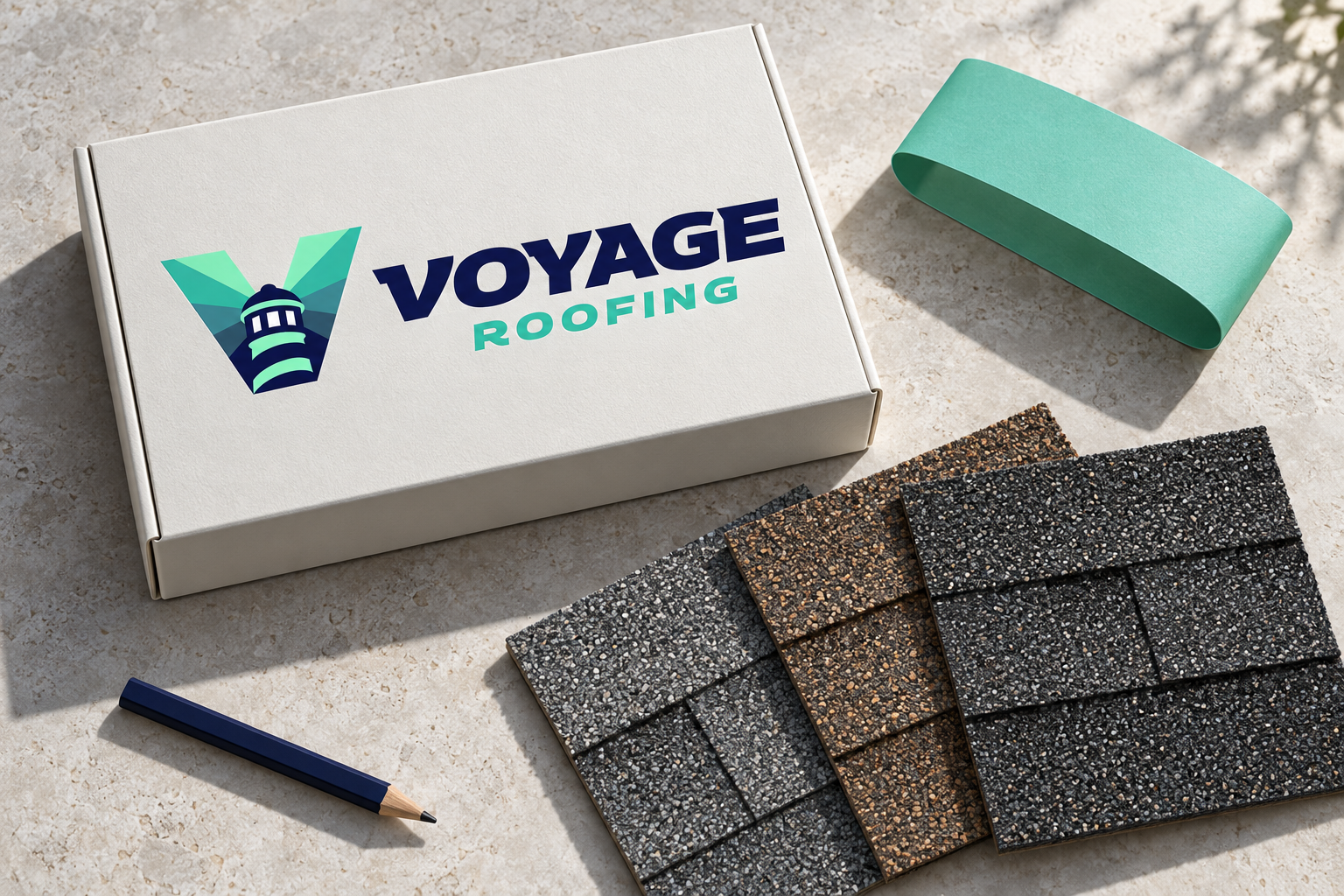 AI-generated brand concept for Voyage Roofing: roof material sample kit.