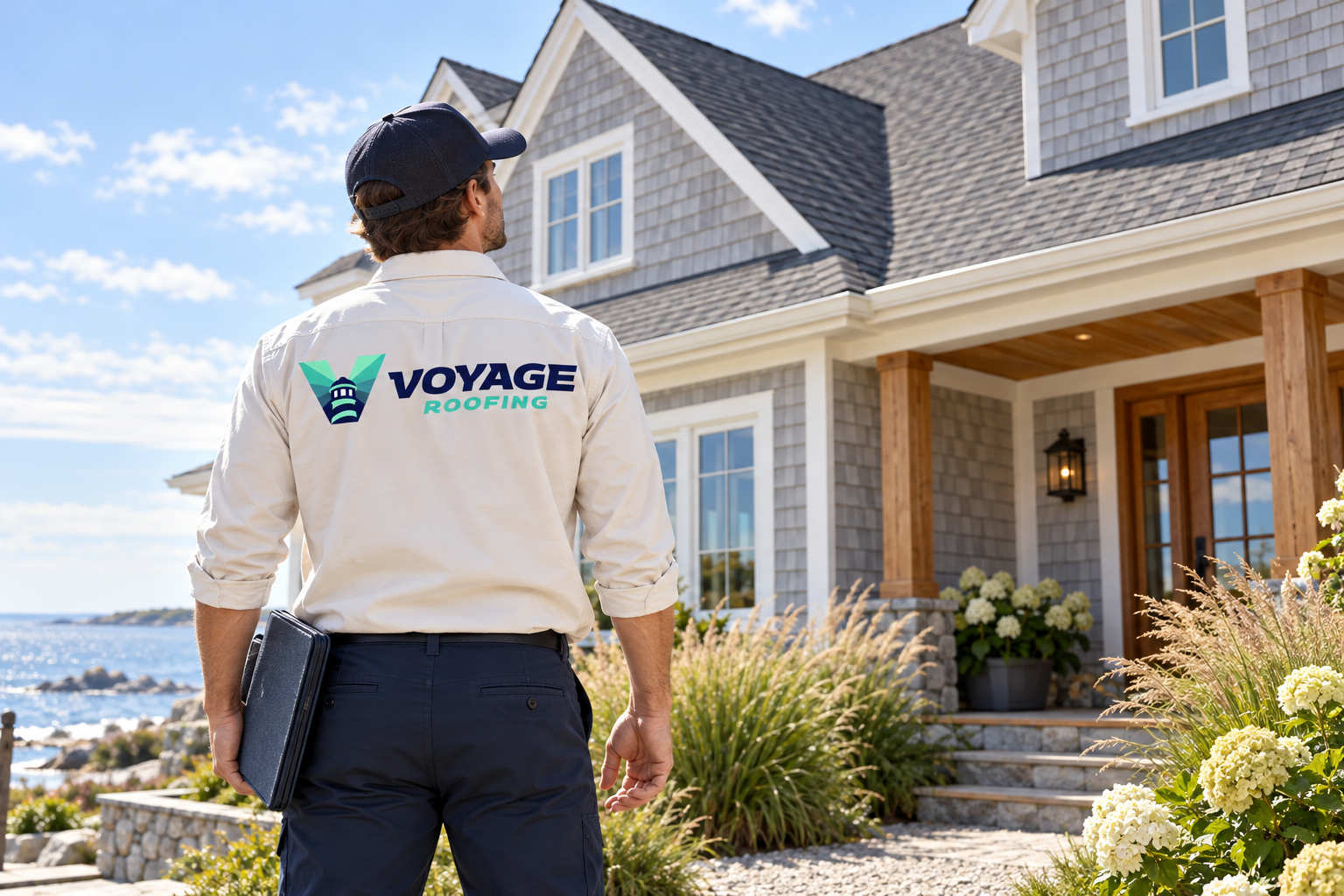 AI-generated brand concept for Voyage Roofing: home roof consultation.