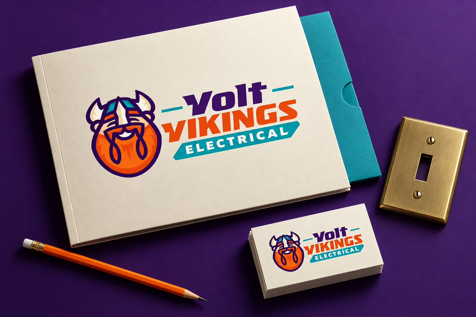 AI-generated brand concept for Volt Vikings Electrical: service folder collateral.