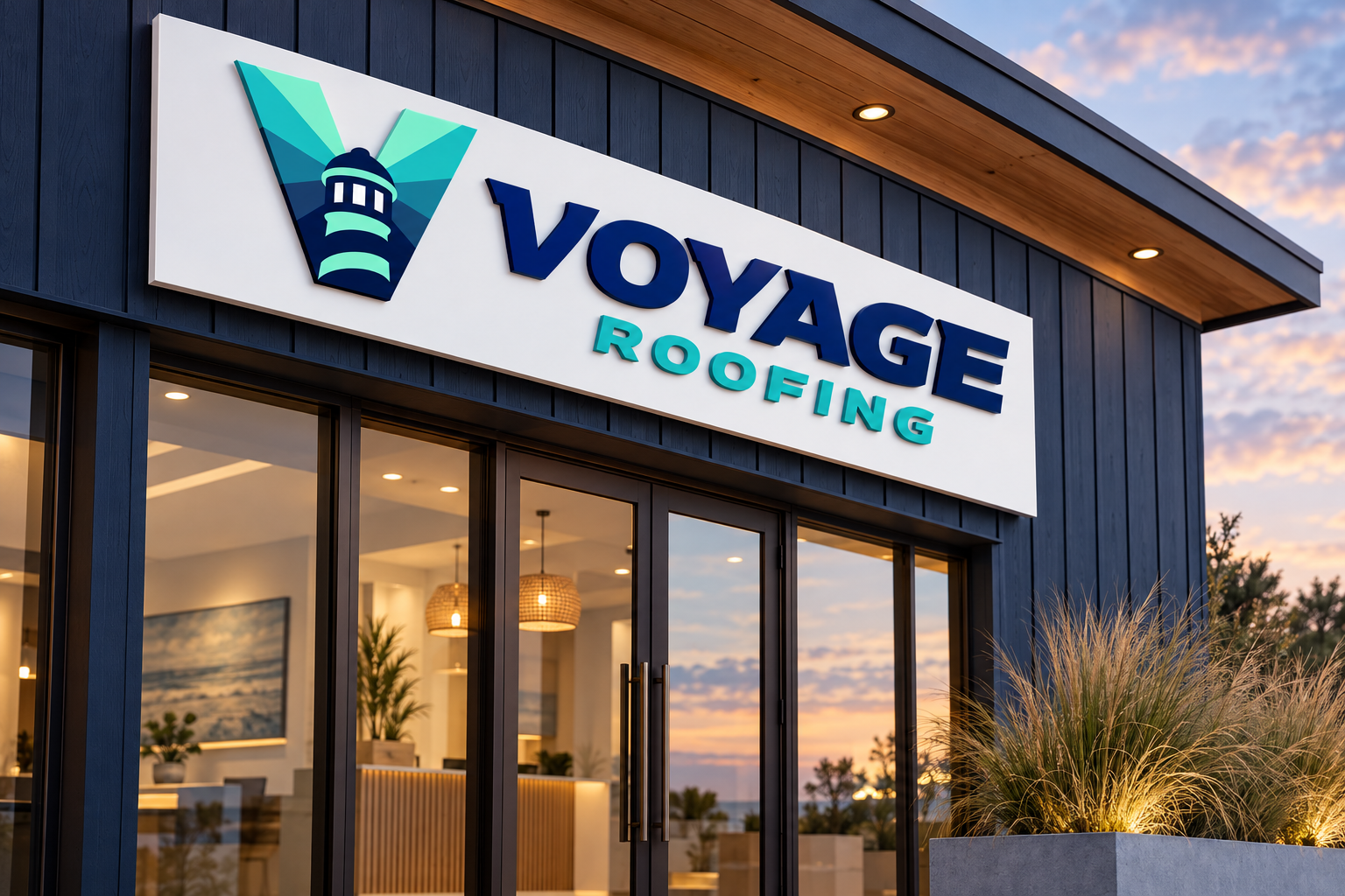 AI-generated brand concept for Voyage Roofing: coastal studio sign.
