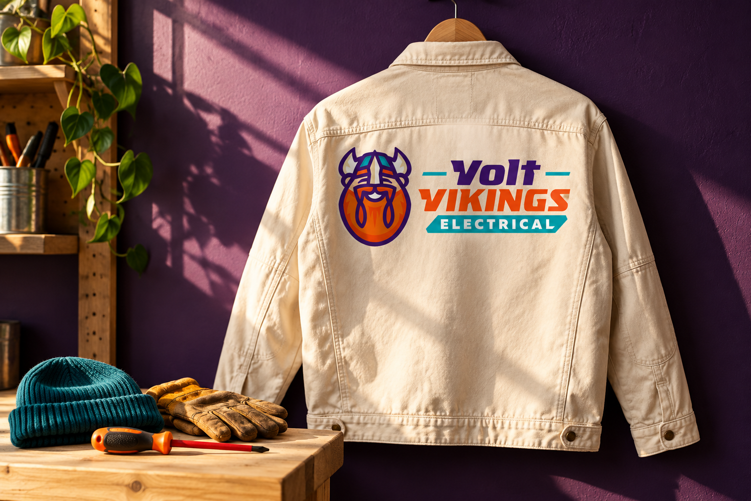 AI-generated brand concept for Volt Vikings Electrical: field jacket studio.