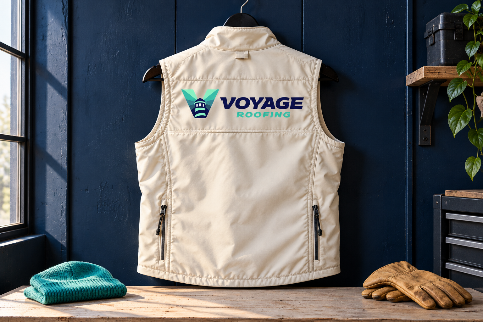 AI-generated brand concept for Voyage Roofing: roofing field vest.