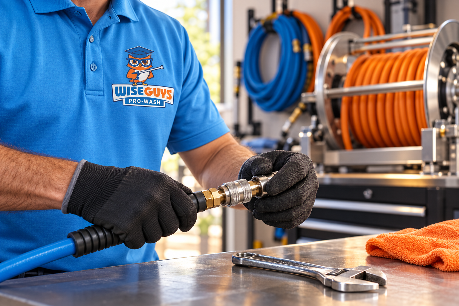 AI-generated brand concept for WiseGuys Pro-Wash: workshop equipment prep.