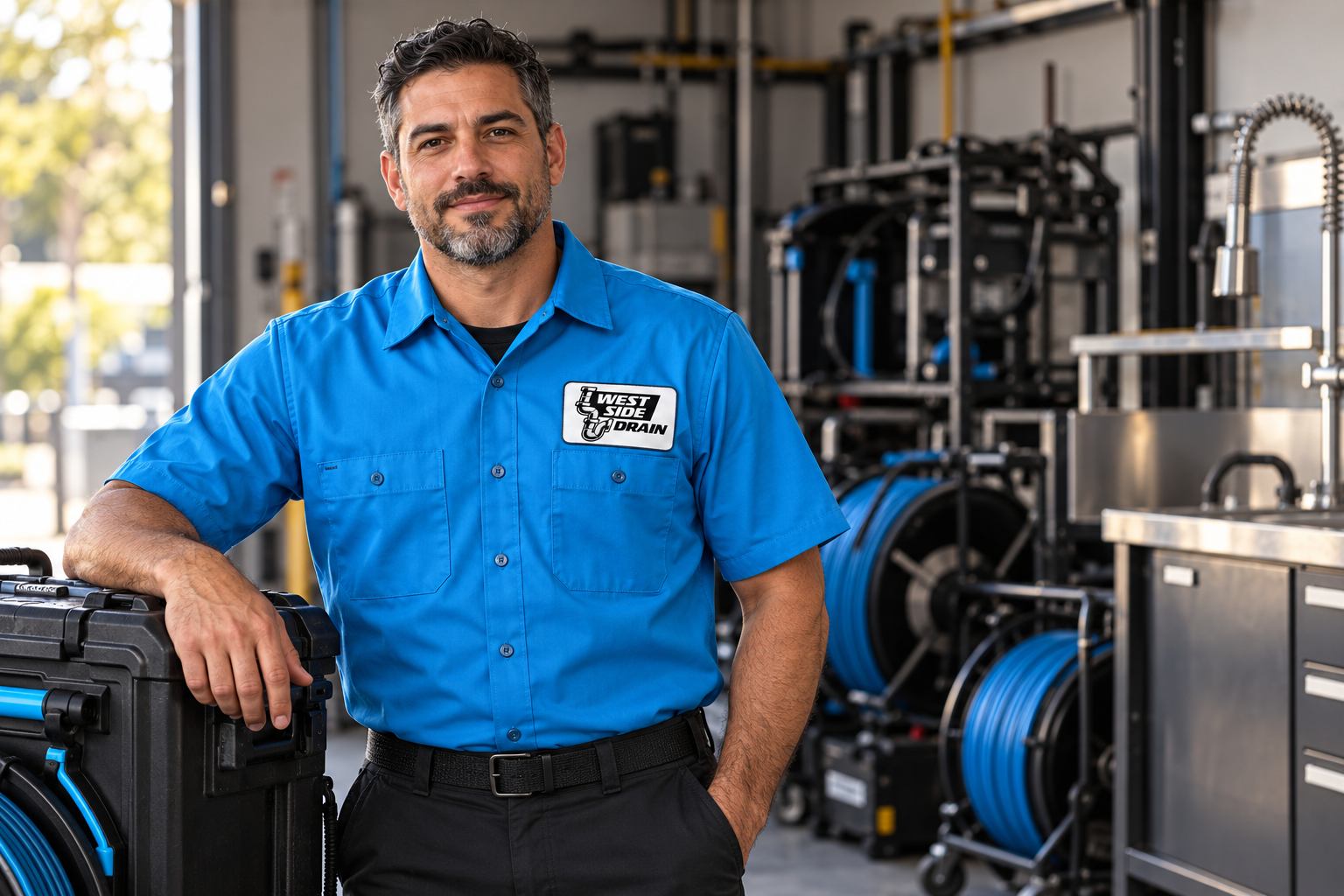 AI-generated brand concept for West Side Drain: technician lifestyle.